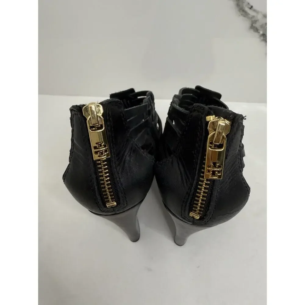 Tory Burch Tevray Huarache Black Wedge Strappy Leather Sandals Women's Size 9